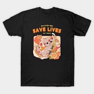 Save Lives Eat Vegan | Kawaii Kitty Eat Fruits T-Shirt